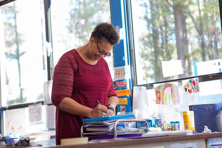 teacher looking at resources